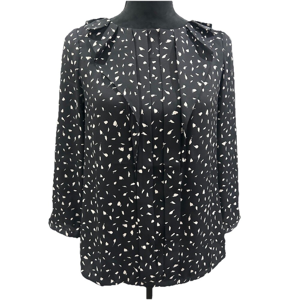 Loft Ann Taylor Blouse Womens XS Black White Print Ruffle 3/4 Sleeve Pullover